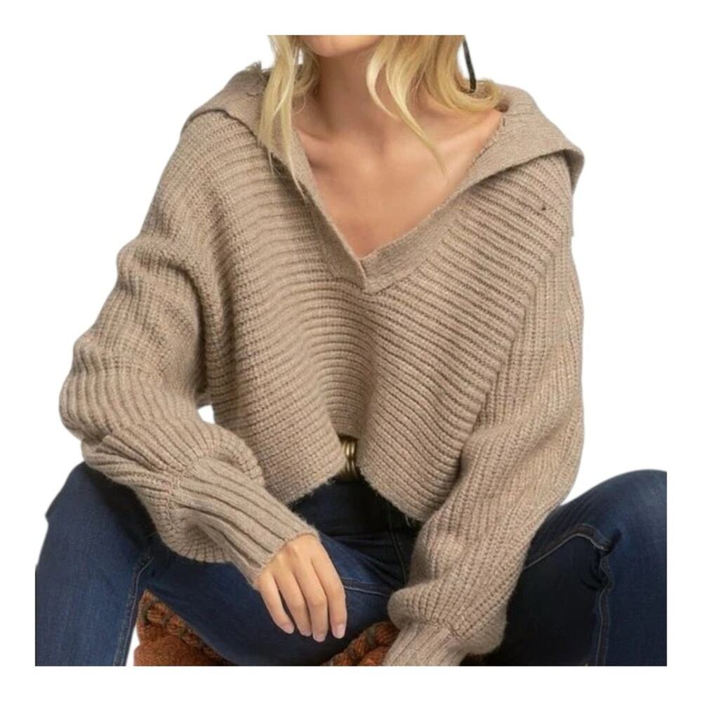 Elan V-Neck Open Collar Chunky Knit Grandpa Sweater Womens L NWT